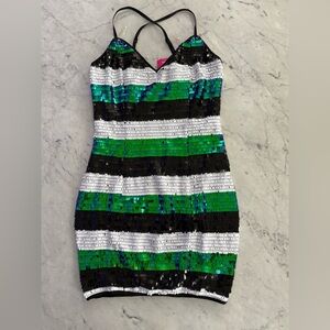 A'gaci Sequin Dress with Black, Blue, and White Stripes